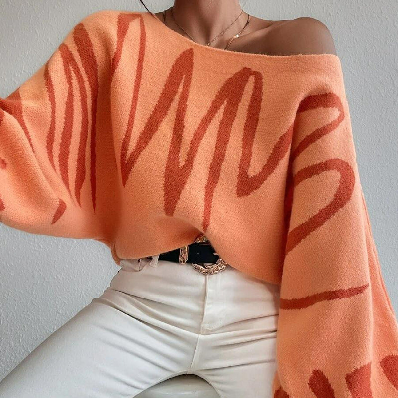 New Lantern-sleeved Pullover Sweater Fashion Line Printed Women DealSniper.net Orange L