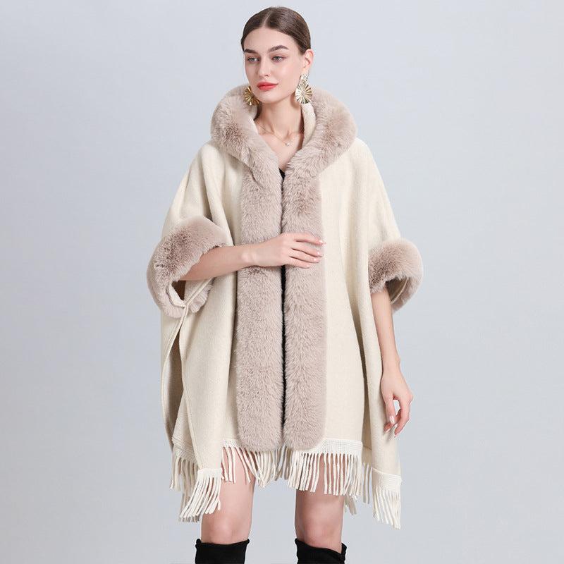Loose Plaid Plus Cashmere Fur Collar Knitted Inverness Women Gym From House Solid Color Rice Average Size