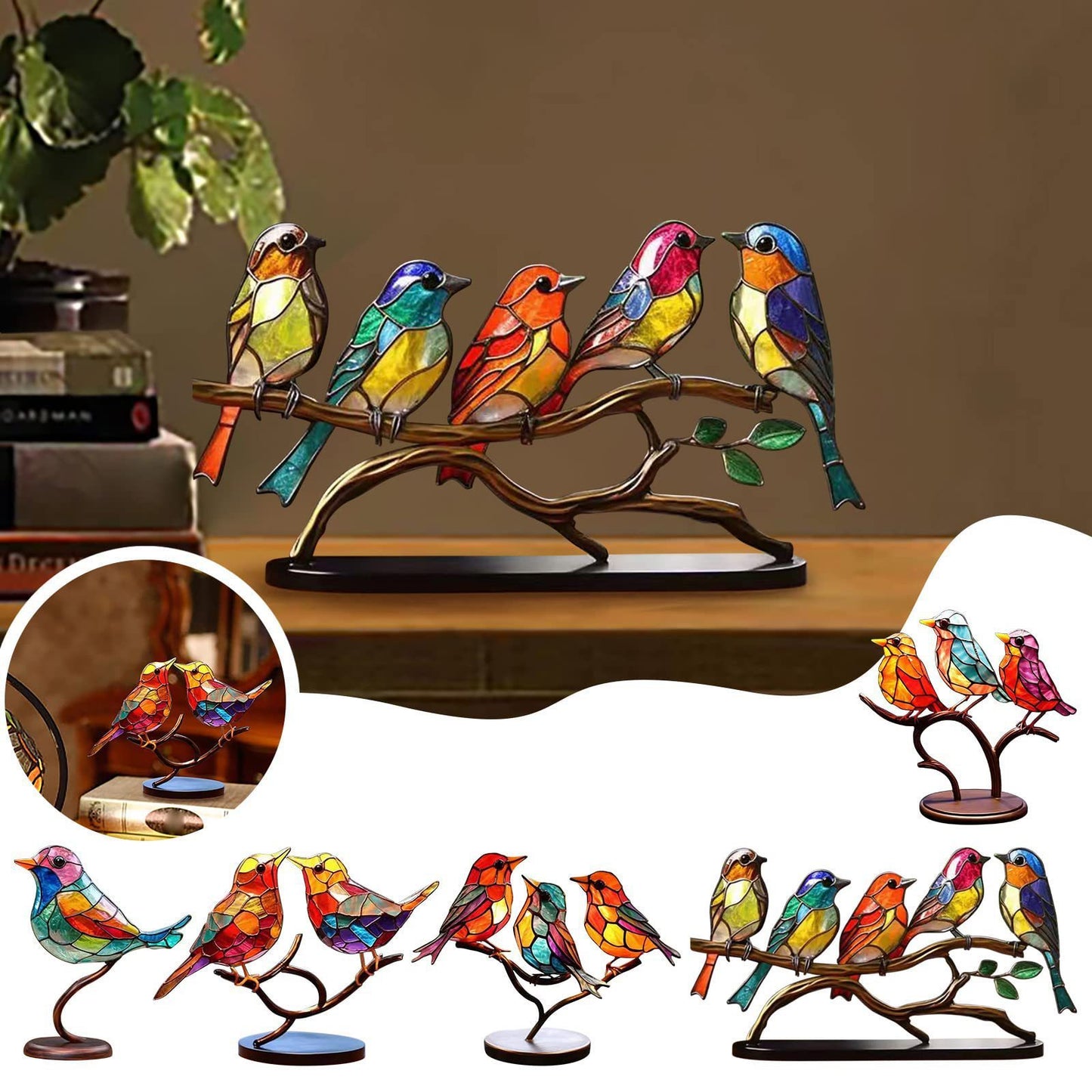 Stained Birds On Branch Desktop Ornaments For Bird Lover Home Decor DealSniper.net