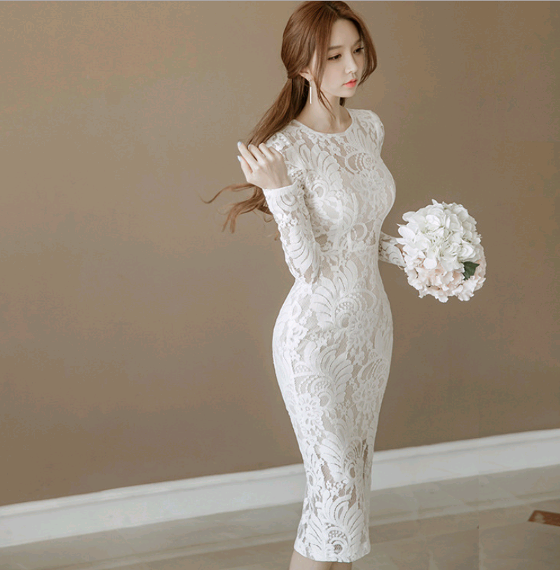 Lace Slim Bag Hip Fashion Round Neck Long Dress Women's Step Skirt Women DealSniper.net