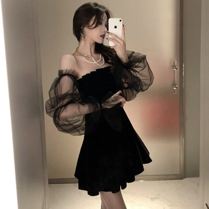 Temperament Mesh Bubble Sleeve Off Shoulder Waist Dress Women DealSniper.net