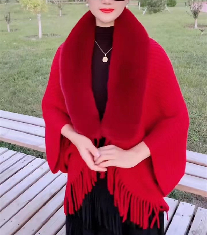 Ladies Loose Thickened Knitted Wool Shawl Women DealSniper.net Red