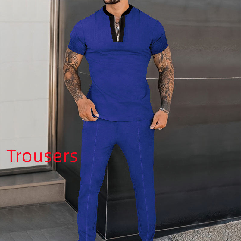 Men's Fashion Waffle Short Sleeve Stitching Stand Collar Suit Men DealSniper.net