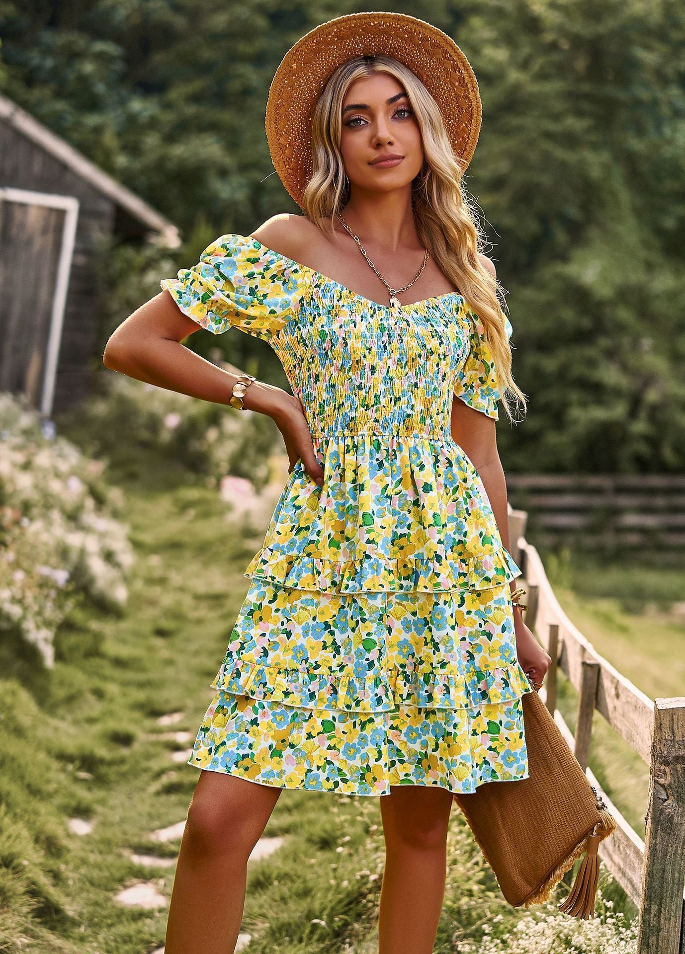 Floral Ruffle Summer Dress Short Sleeve Off Shoulder Mini Dress Beach Women DealSniper.net Yellow L