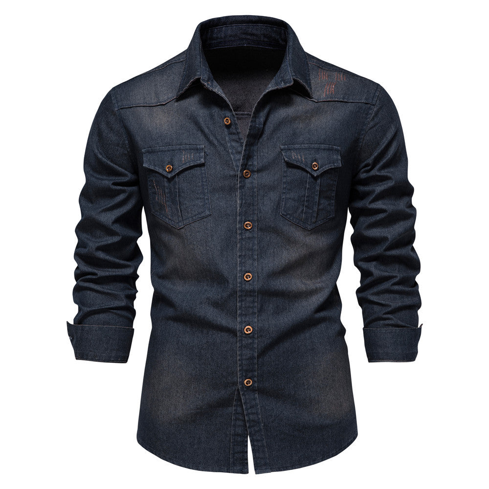 Men's Long-sleeved Denim Shirt Casual Clothing Men Gym From House Tibetan Blue 2XL