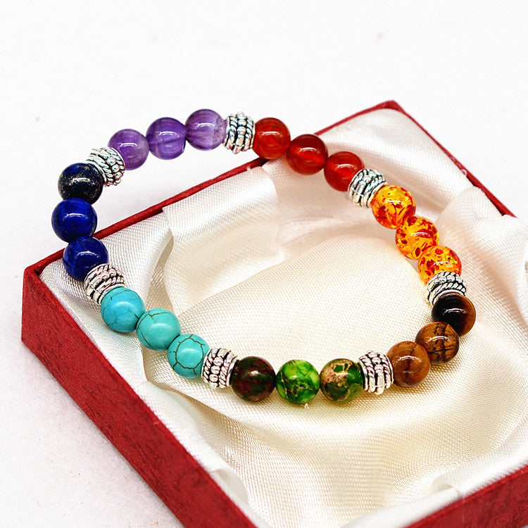 Reiki ancient silver natural stone agate tiger colorful crystal bracelet seven chakra Yoga Bracelet Jewelry DealSniper.net 2