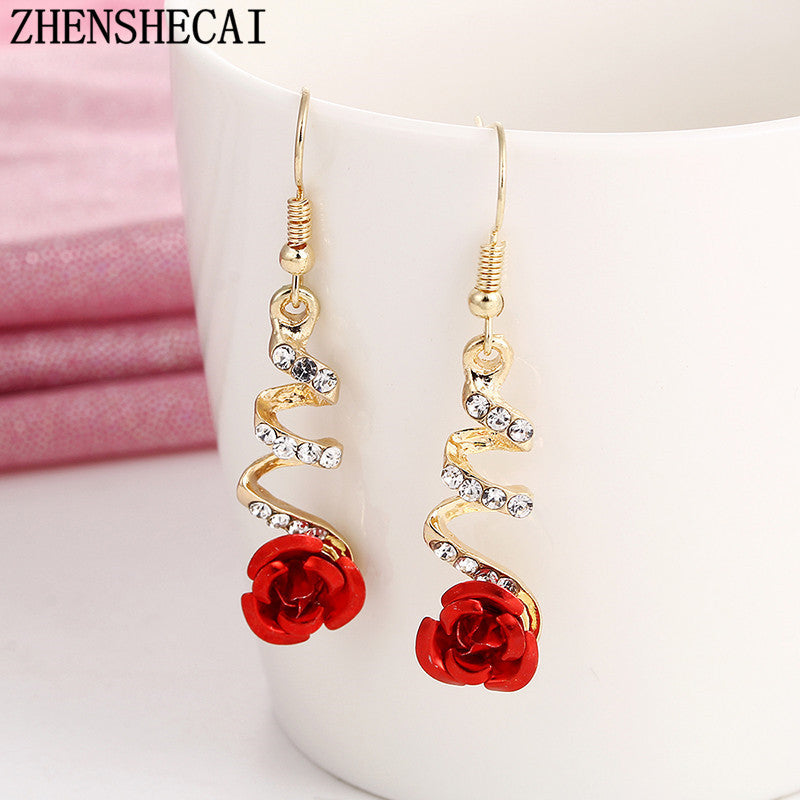 Fashion Jewelry Ethnic Red Rose Drop Earrings Big Rhinestone Women DealSniper.net