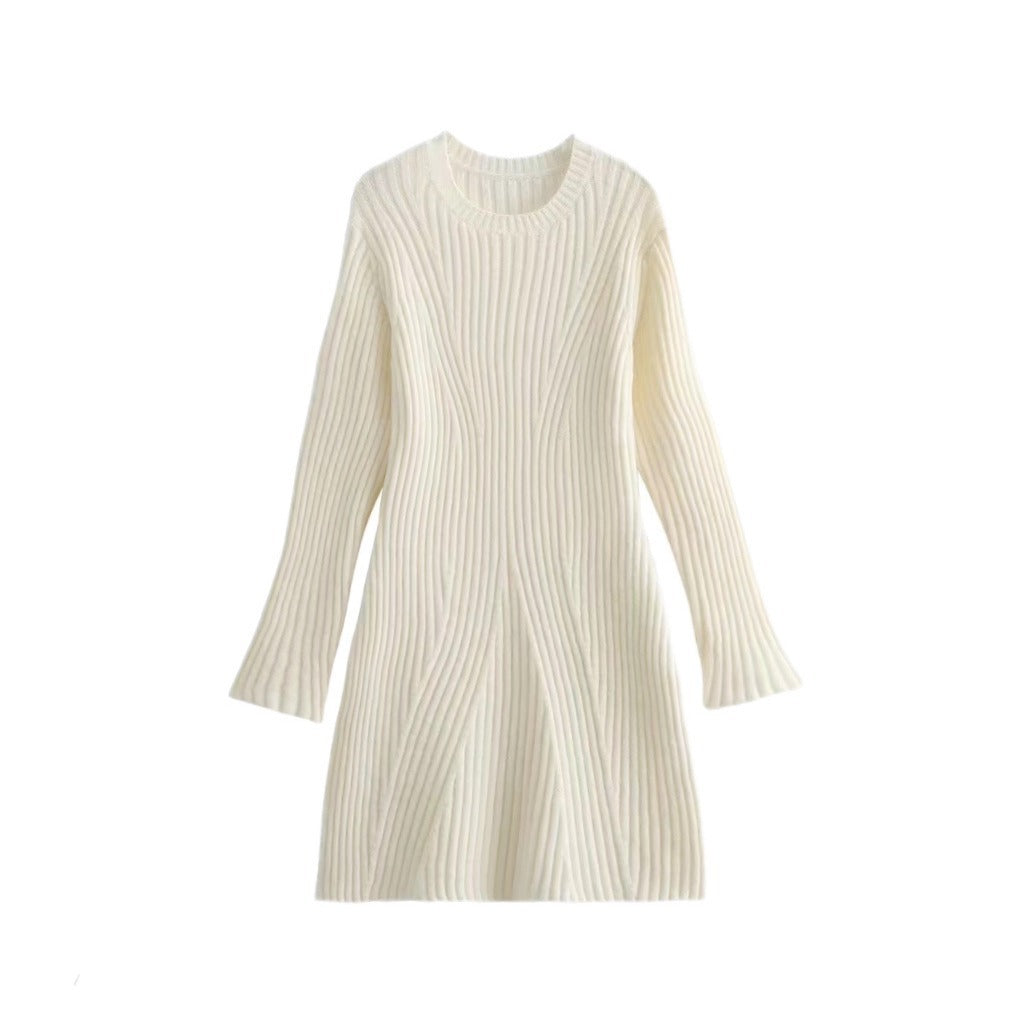 Fashion Solid Ribbed Knitted Dress Fall And Winter Slim-fit Women DealSniper.net Milky white L