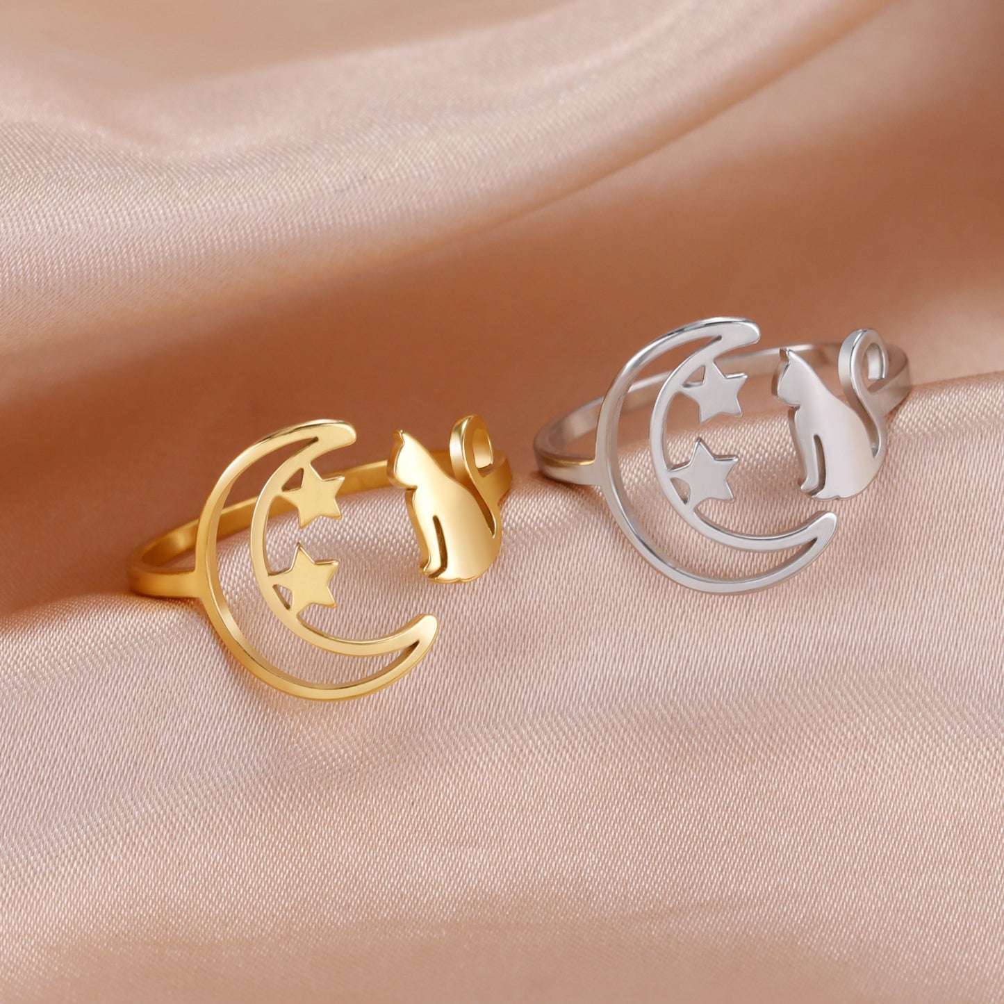 Personalized Simple Women's Crescent Star Cat Ring Jewelry DealSniper.net