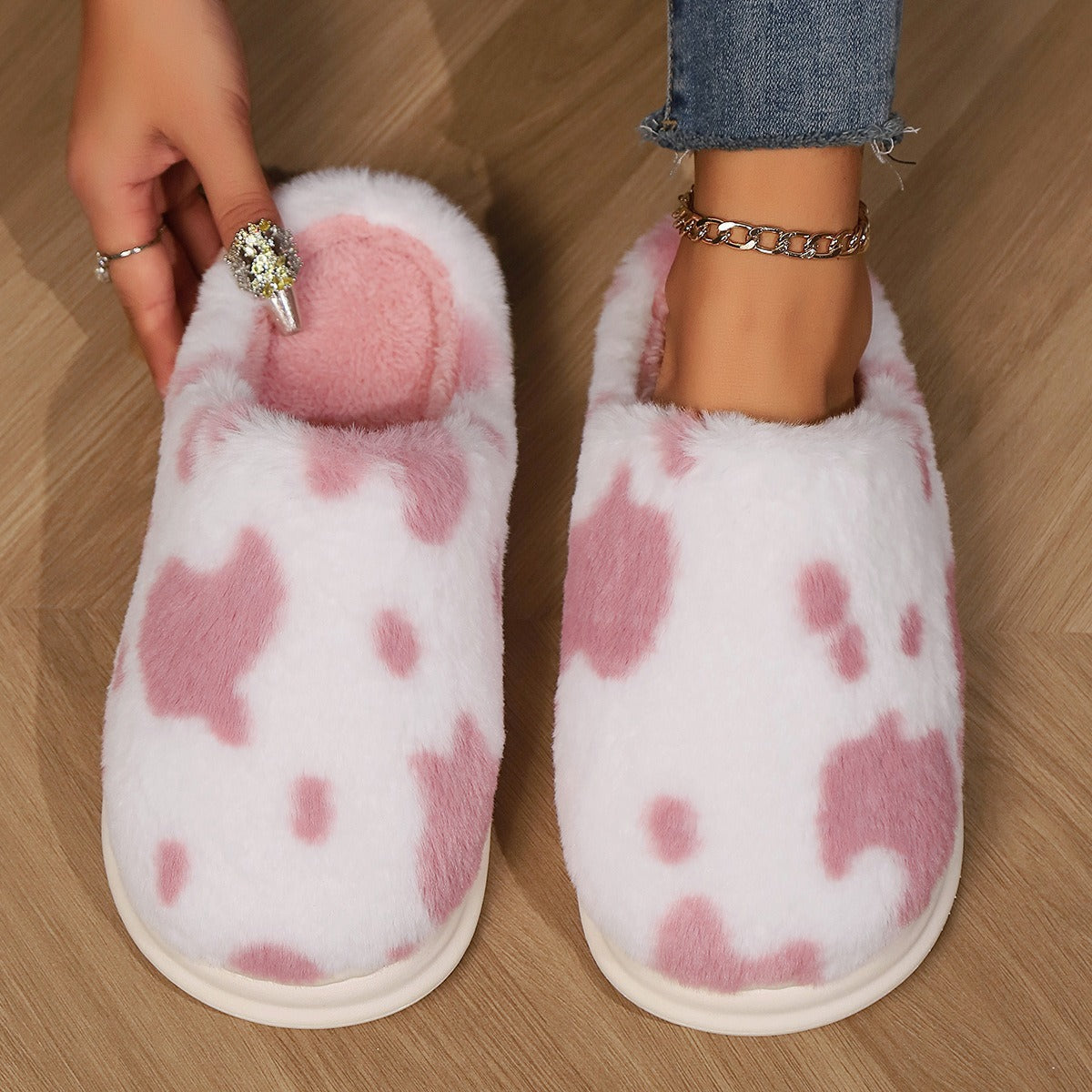Cute Cow Spotted Plush Slippers Winter Warm Non-slip Women DealSniper.net Pink 36to37