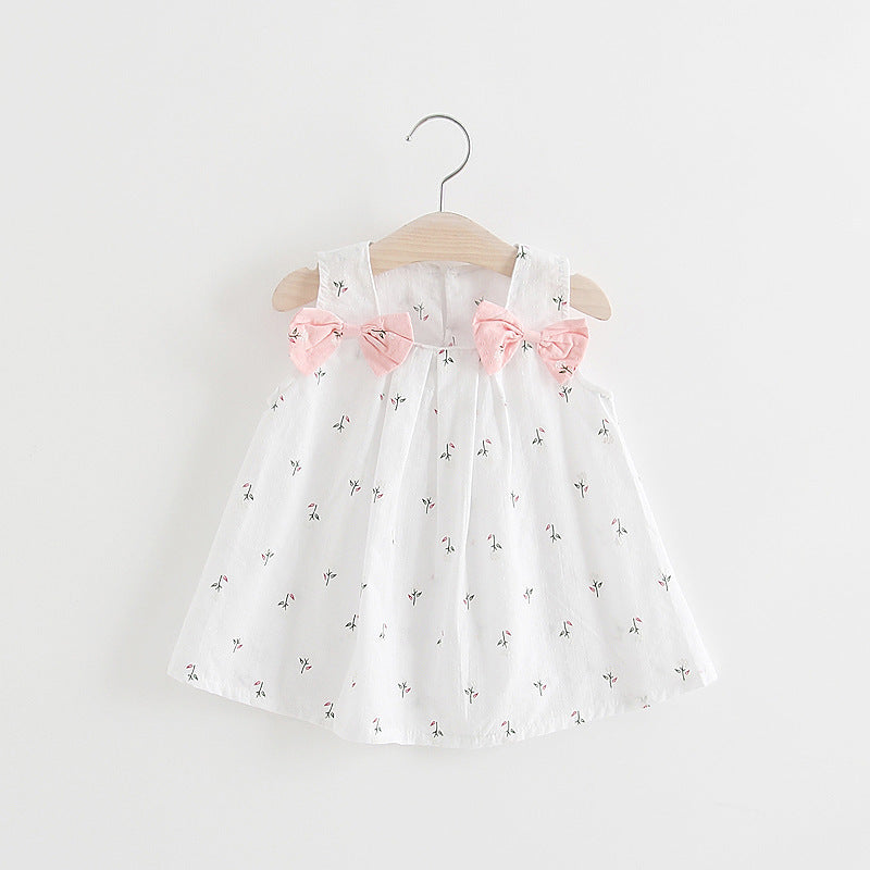 Solid color bow bow floral print halter skirt Kids DealSniper.net White 100cm
