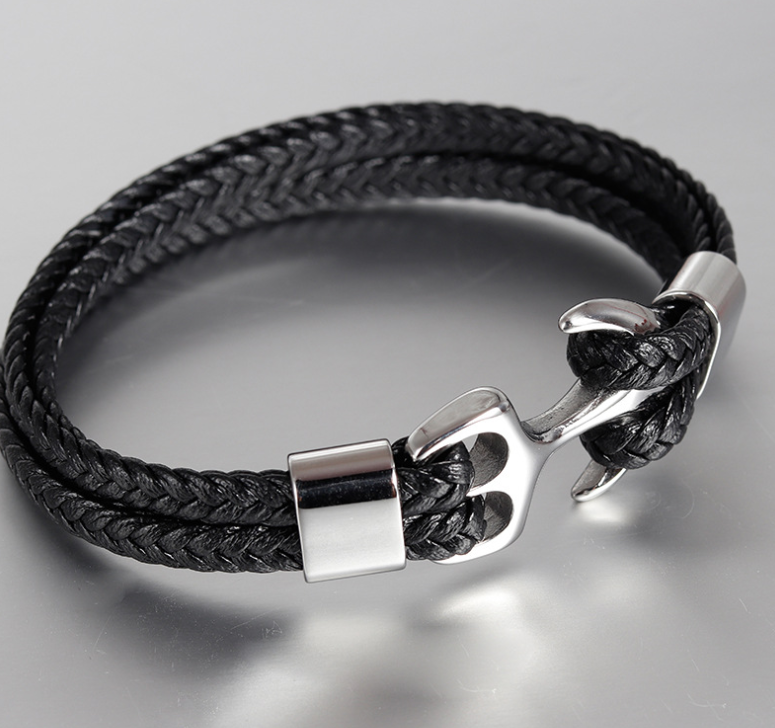 Men's Stainless Steel Anchor Bracelet Vintage Woven Leather Bracelet Jewelry DealSniper.net Silver 18.5cm