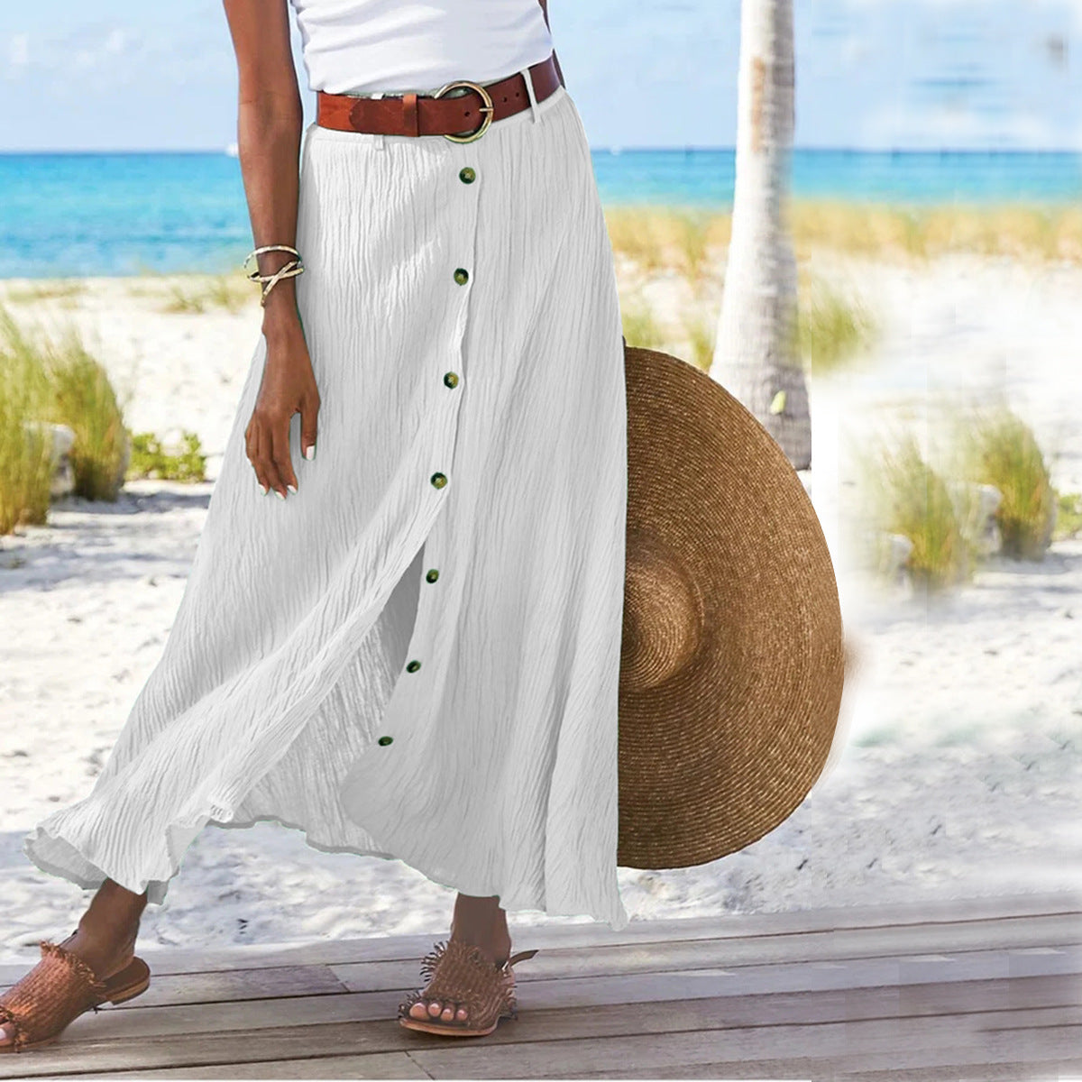 Women's Fashion Cotton Linen A-Line Hip Mid Waist Long Skirt Women DealSniper.net White 2XL