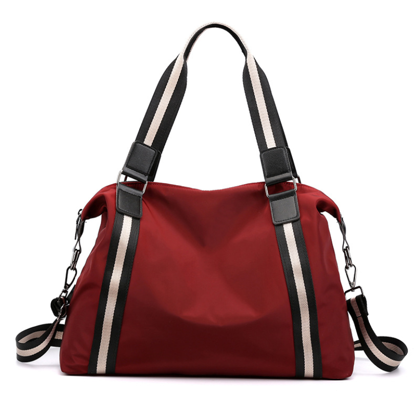 Brand Women Overnight Weekend Traveling Bag Ladies Stripe Handbag Big Travel Bag Light Luggage Femal Foldable Duffle Bags Korean Travel DealSniper.net Wine Red