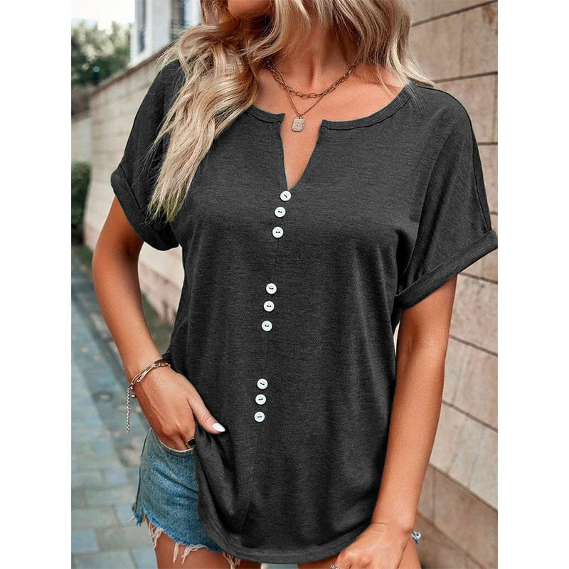V-neck Short Sleeve Tops Shirt Summer Button Design Blouse Women DealSniper.net Dark gray 4XL