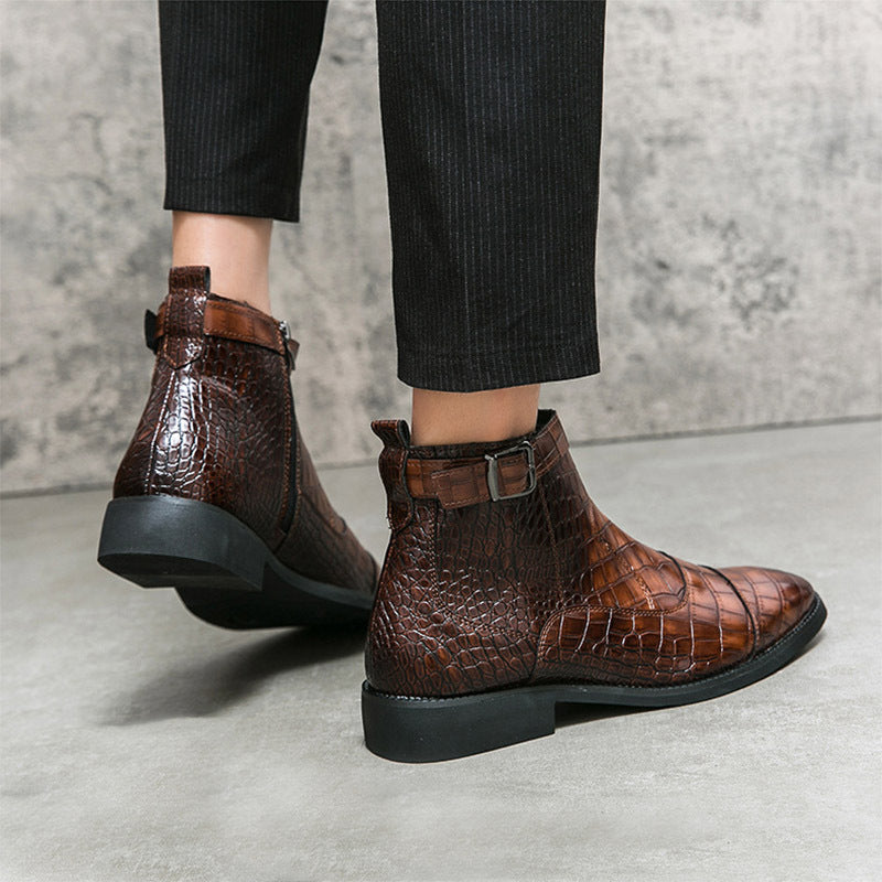 Men's Crocodile Pattern Boots Fashion Pointed Toe Low Square Women DealSniper.net