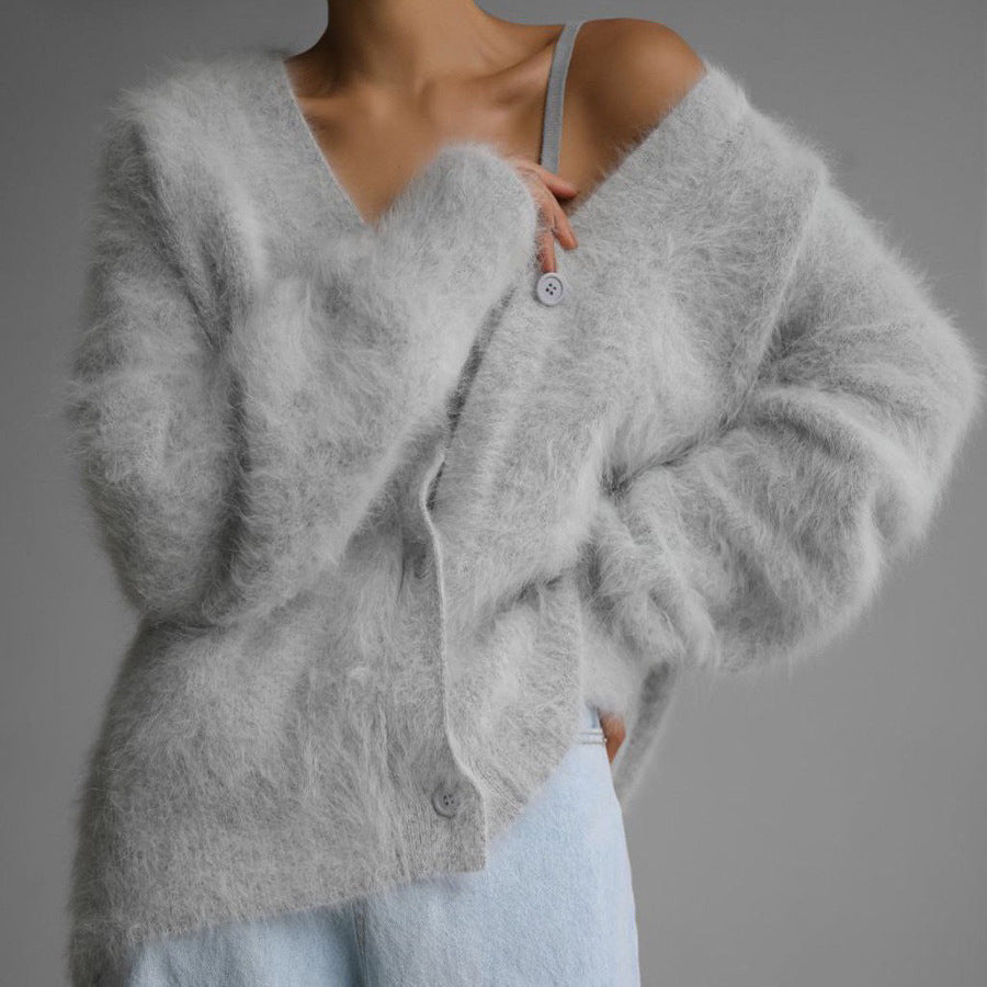 Loose V-neck Button Cardigan Fall Winter Fashion Clothing Women DealSniper.net Light Gray L