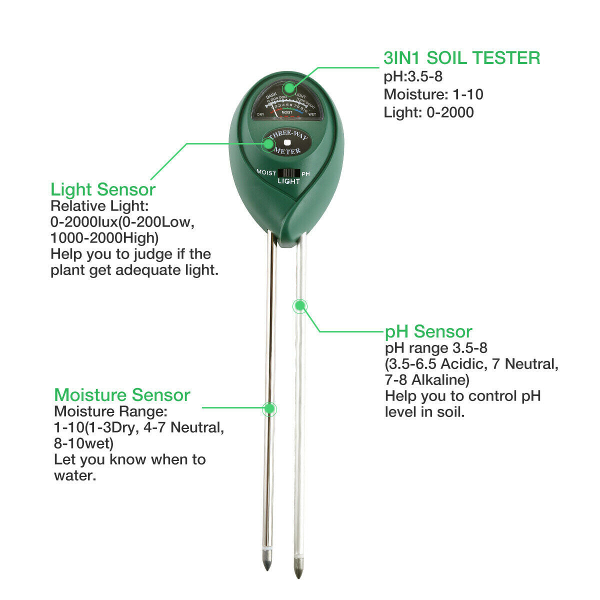 3 In1 Soil Tester Water PH Moisture Light Test Meter Kit For Garden Plant Flower Garden DealSniper.net