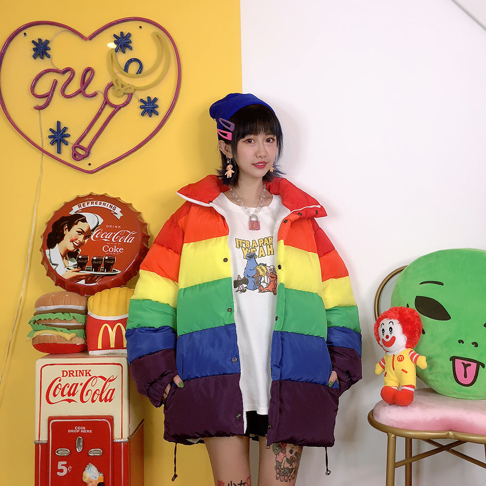 Rainbow contrast color thick long-sleeved cotton coat women's jacket Women DealSniper.net