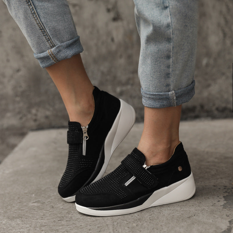 Canvas Shoes Lovely Round Head Thick Bottom Rhinestone Velcro Single Shoes Mary Jane Women's Style Women DealSniper.net Black 35