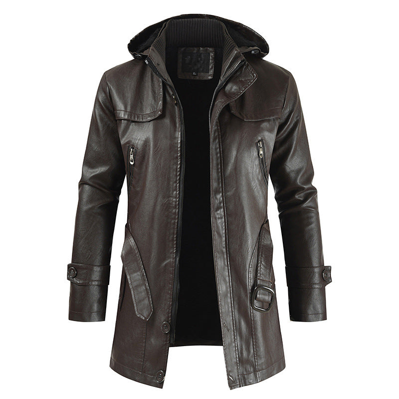 Leather jacket hooded slim coat Men DealSniper.net Coffee 3XL