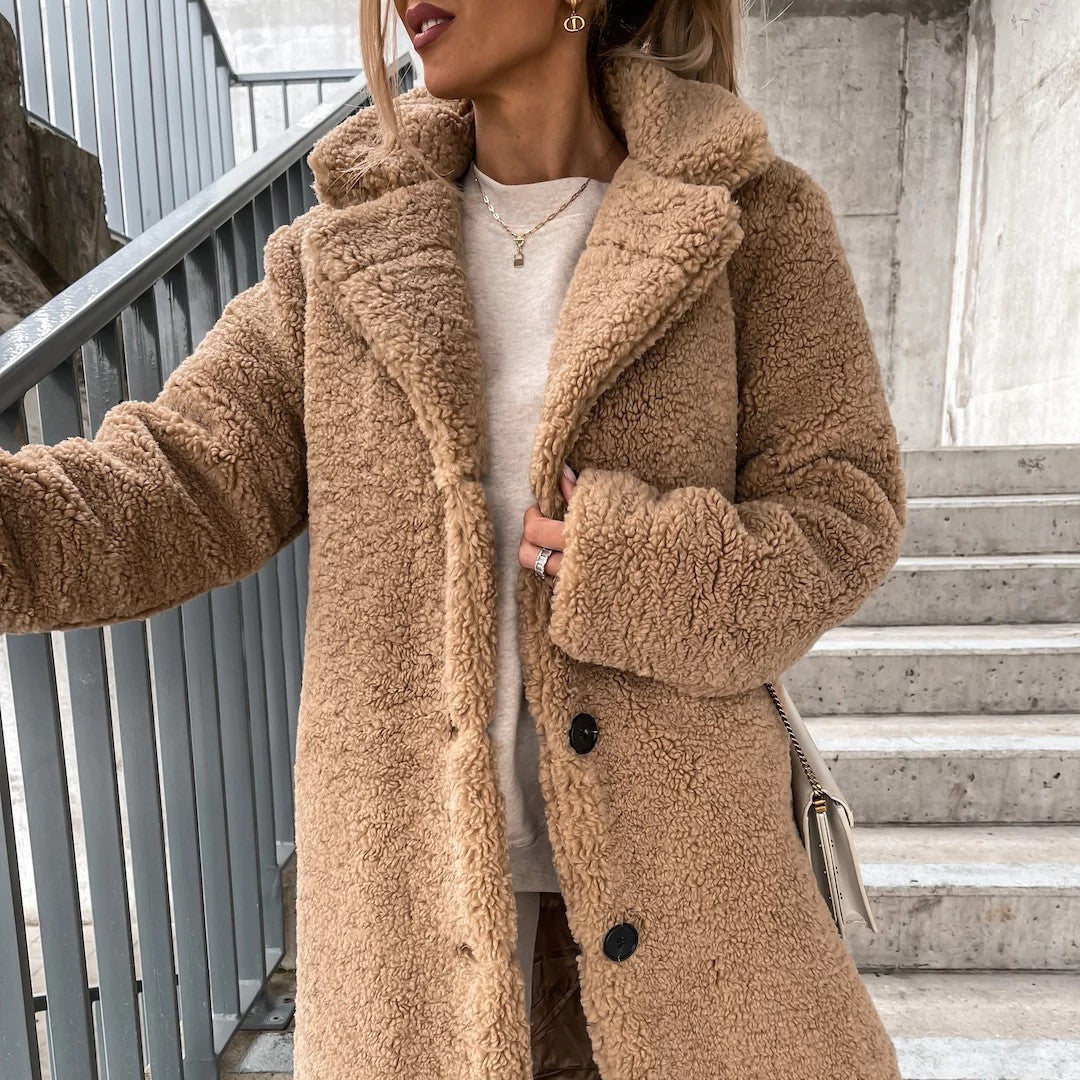 Women's Long-sleeved Lapel Plush Jacket Top Women DealSniper.net Khaki 2XL