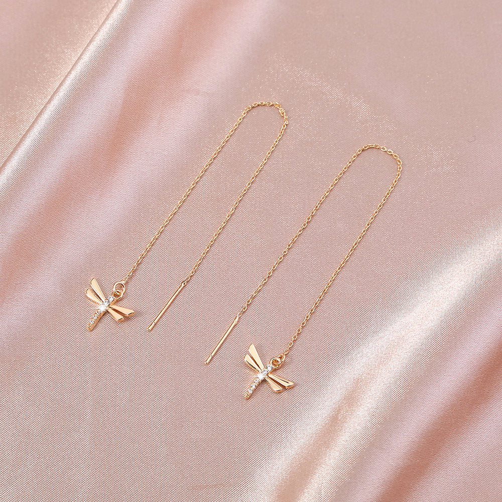 Gold Copper Dragonfly Micro-Set Zircon Long Tassel Ear Wire Jewelry DealSniper.net