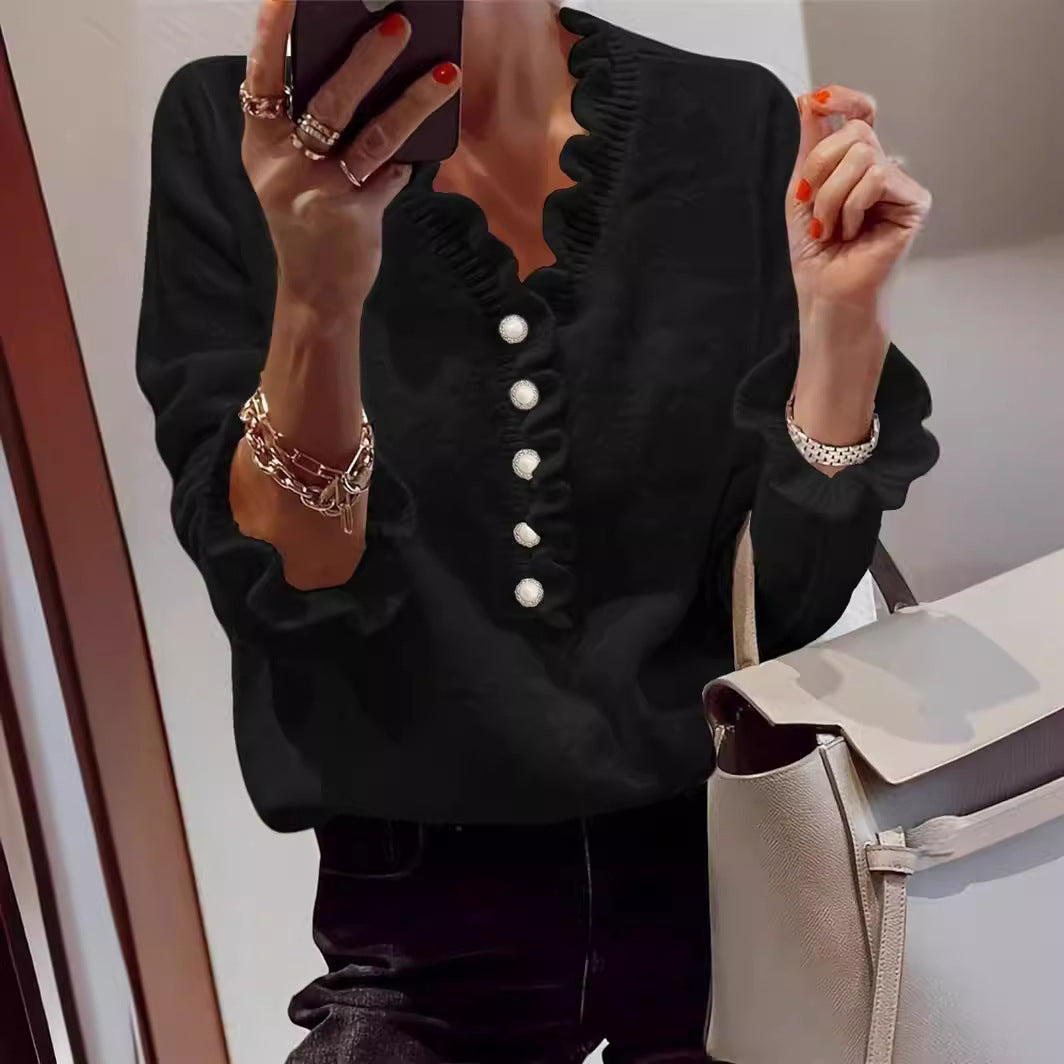 Winter V-neck Ruffled Knitted Sweater Fashion Pullover Women DealSniper.net