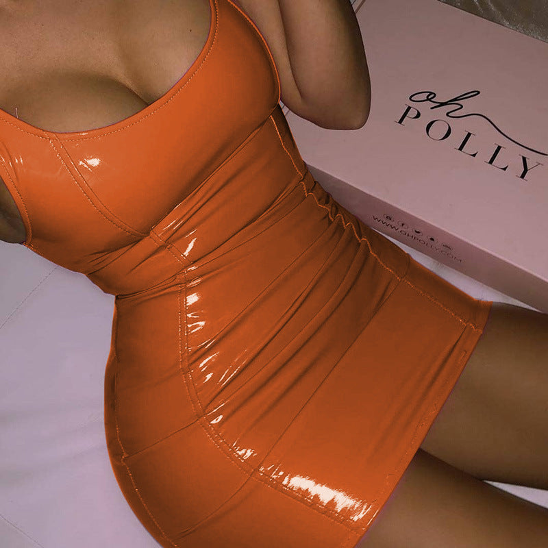 Solid Color Sling Dress Female Sexy Tight Leather Hip Skirt Party Festival Dresses Women DealSniper.net