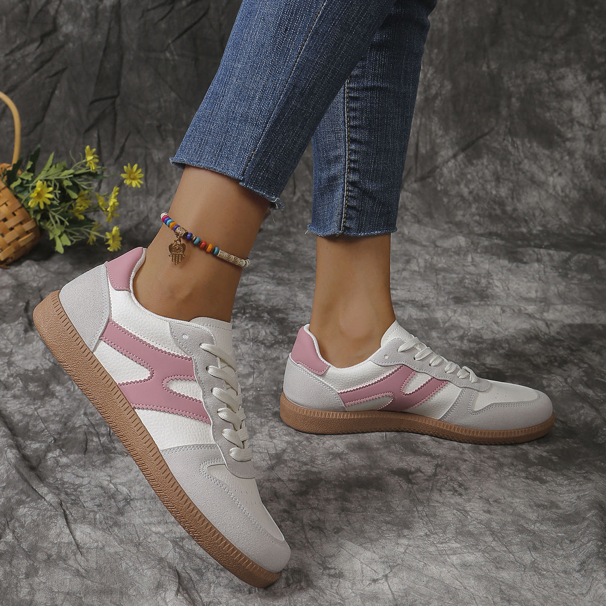 New Colorblock Lace-up Flats Shoes Fashion Round Toe Women DealSniper.net Pink Szie36