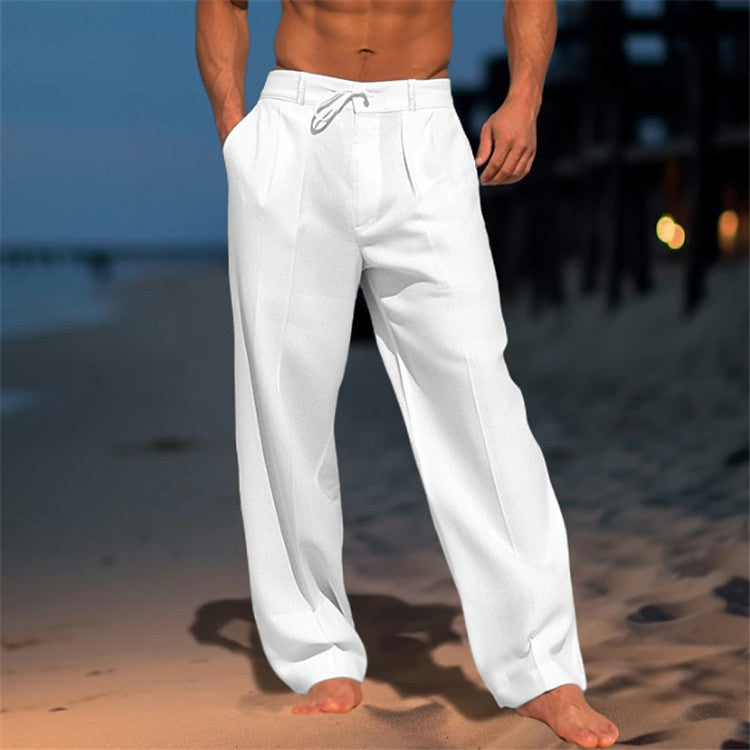 Casual Wide-Leg Straight Pants With Pockets Fashion Drawstring Men DealSniper.net White L