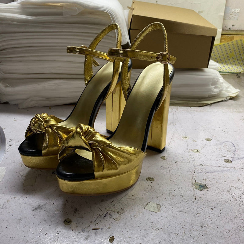 Round Toe Bow Knot Thick Heel Women Fashion Sandals Women DealSniper.net Gold 34