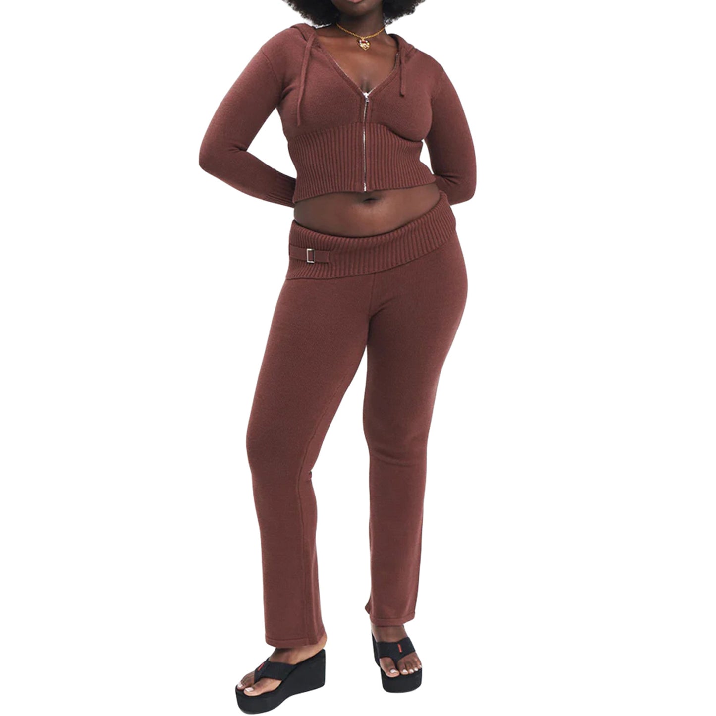 Hoodie Suit Women Leisure Sexy Zip Long Sleeve Sweater And High Waist Long Pants Set Women DealSniper.net Brown suit L