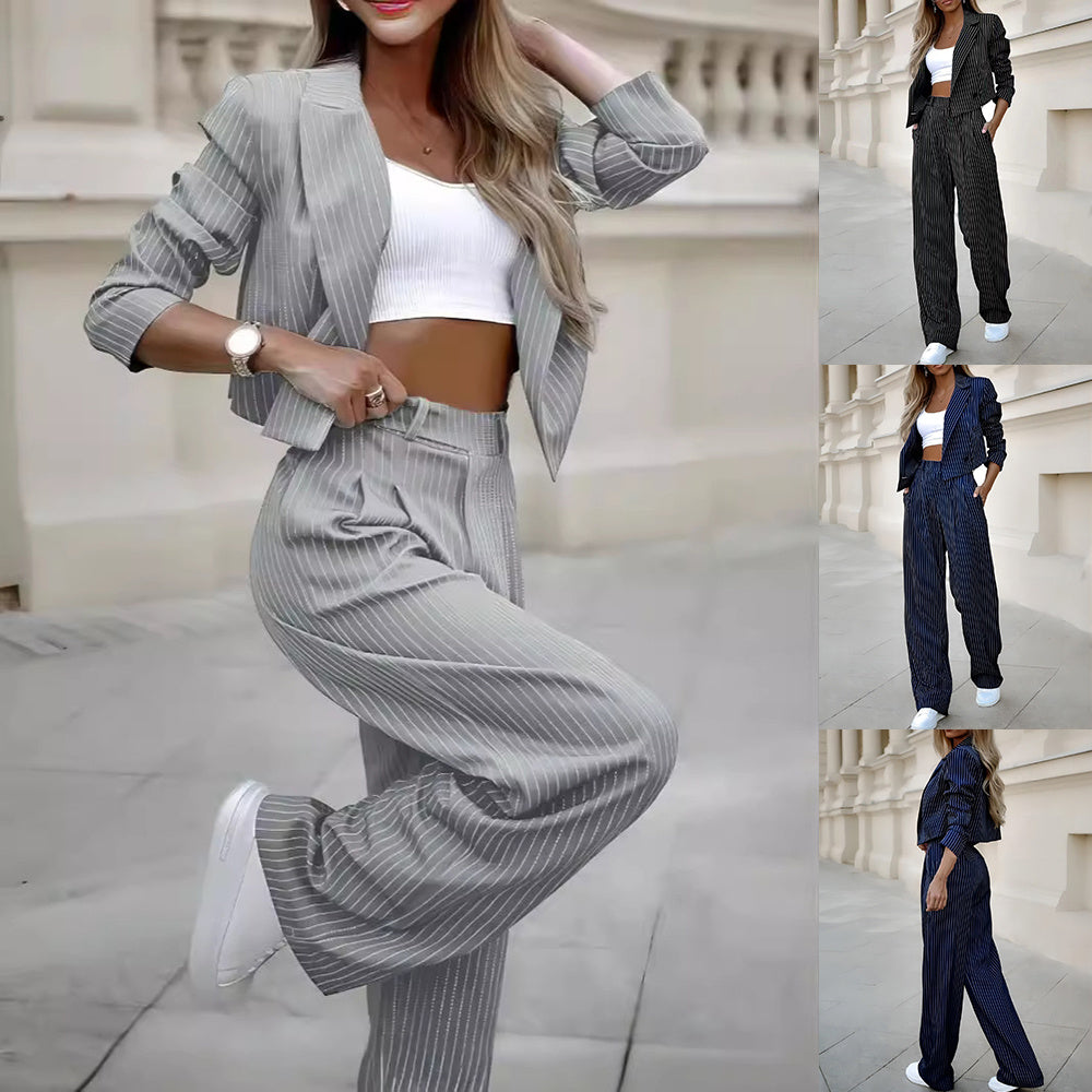 Casual Lapel Long Sleeve Cropped Top And Straight Pants Women DealSniper.net