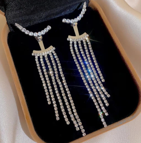 Temperament Tassel Long Net Red Light Luxury Design Full Of Diamonds Jewelry DealSniper.net Silver