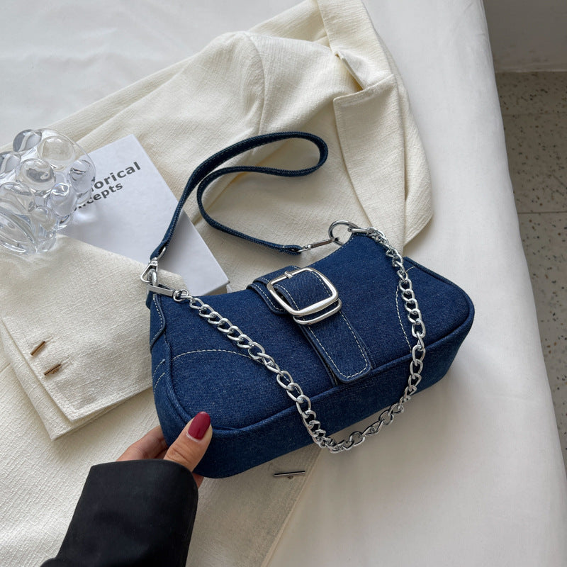 Denim Shoulder Bags Women's Fashion Chains Handbag Crossbody Bags Small Square Armpit Bag Women DealSniper.net Dark Blue