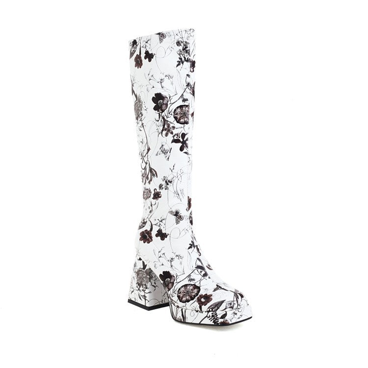 Fashion High Heel Print Square Toe Knight Boots Women Women DealSniper.net