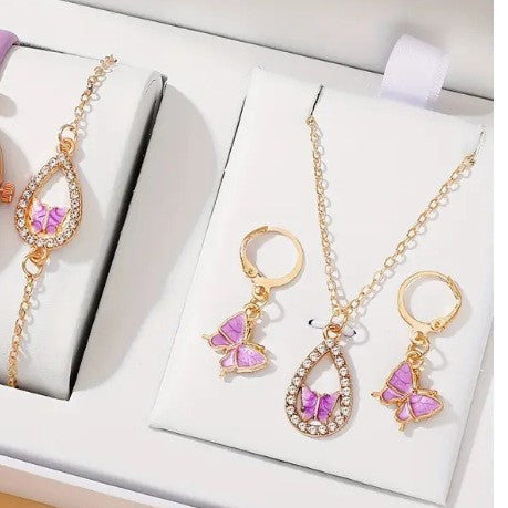 4PCS Set Luxury Women Butterfly Necklace Bracelet Jewelry DealSniper.net Pink MS3096