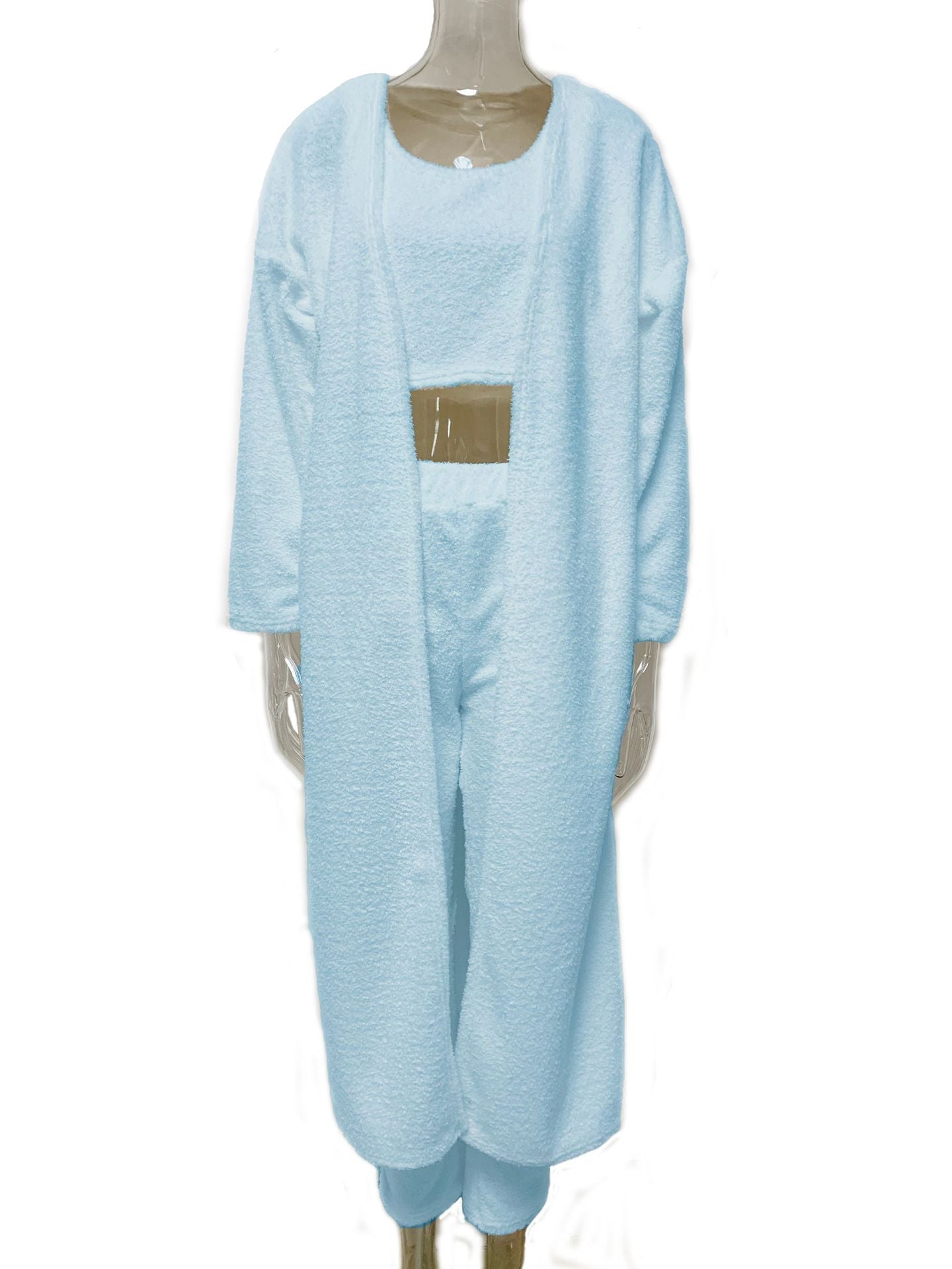 3pcs Womens Clothing Fashion Solid Fluffy Plain Crop Top & Skinny Pants & Longline Coat Set Warm Cozy Suit Sets Women DealSniper.net Light blue L