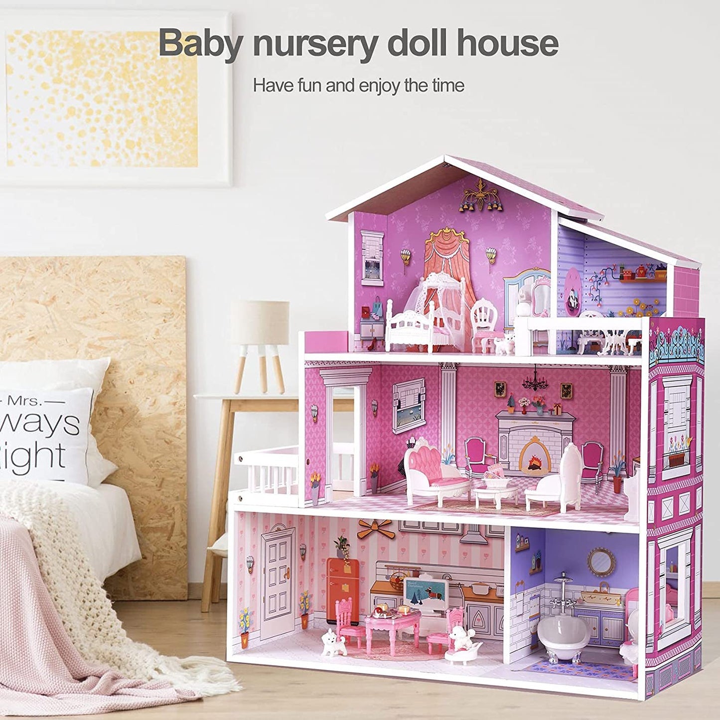 3 Levels Wooden Dollhouse Dreamhouse Girls Gift Kids DealSniper.net