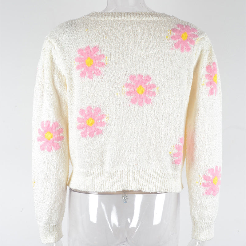 Fashion Floral Print Knit Sweater Round Neck Pullover Tops Women Women DealSniper.net