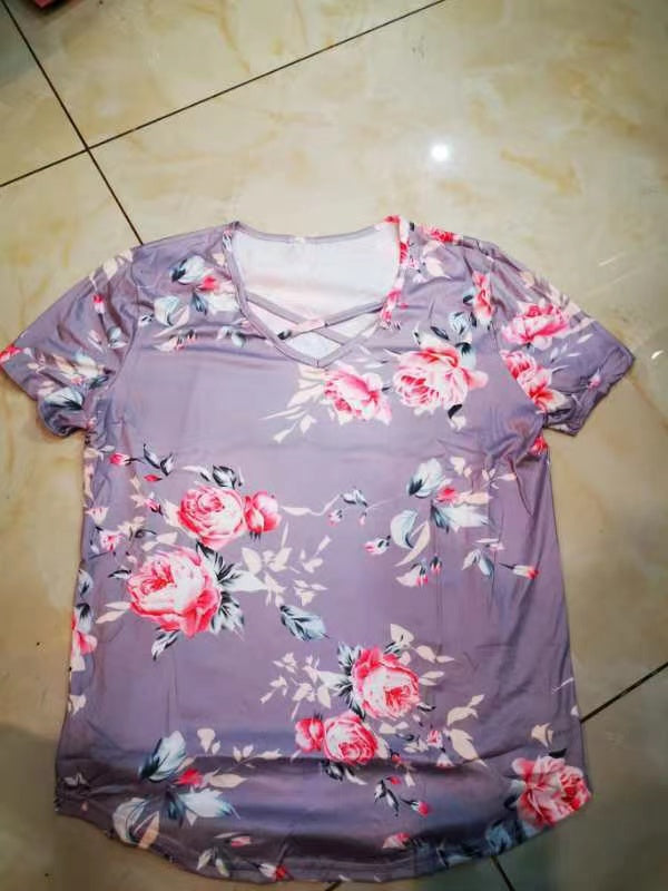 Flower Print Cross Front Short Back Long T-shirt Women DealSniper.net Light Gray 2XL