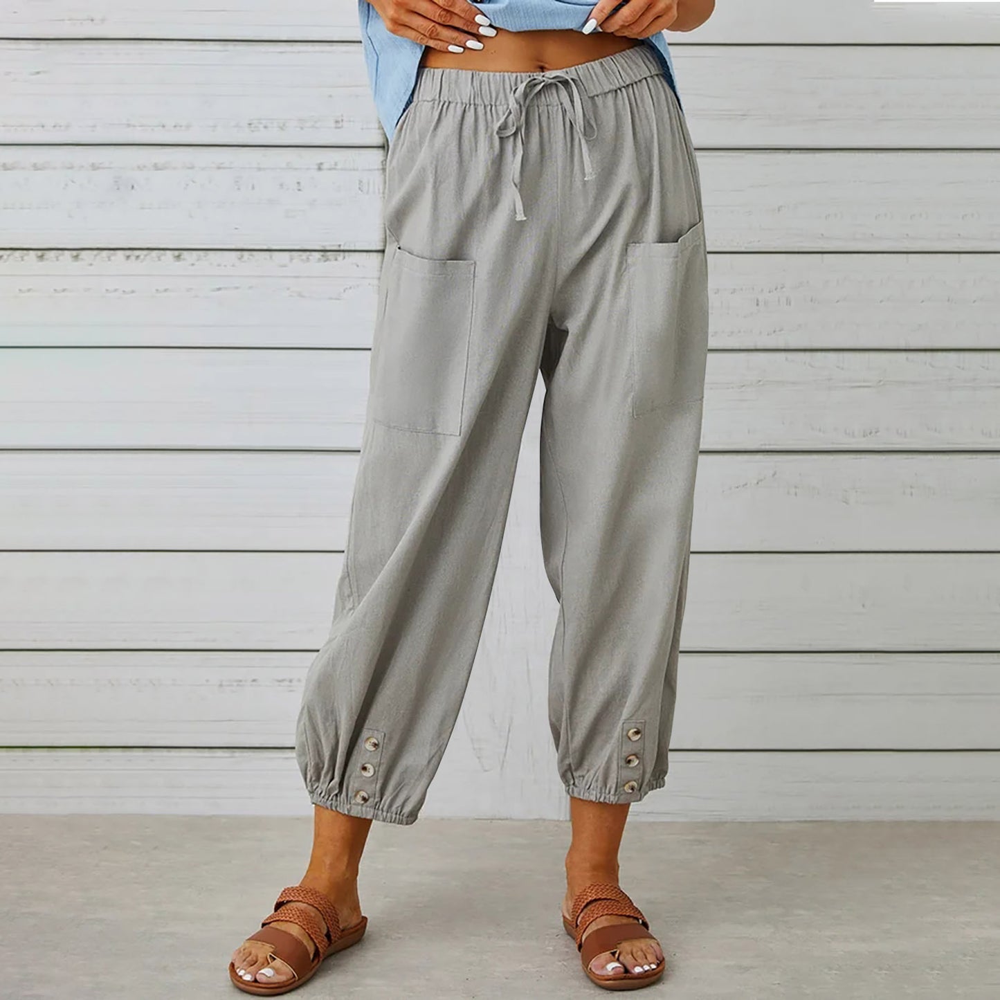 Women Drawstring Tie Pants Spring Summer Cotton And Linen Women DealSniper.net Light gray 4XL