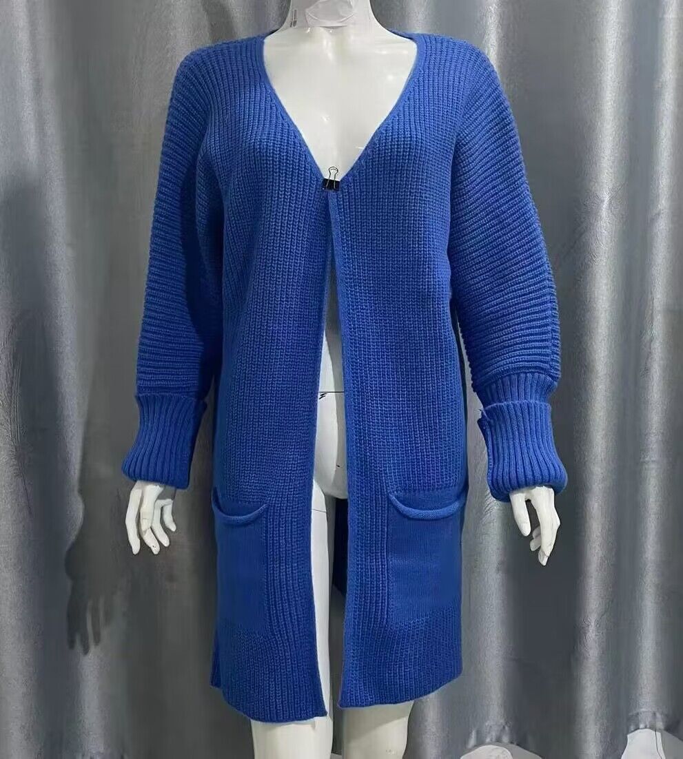 New Solid Color Loose Knitted Sweater Mid-length Coat Women DealSniper.net Sapphire Blue L