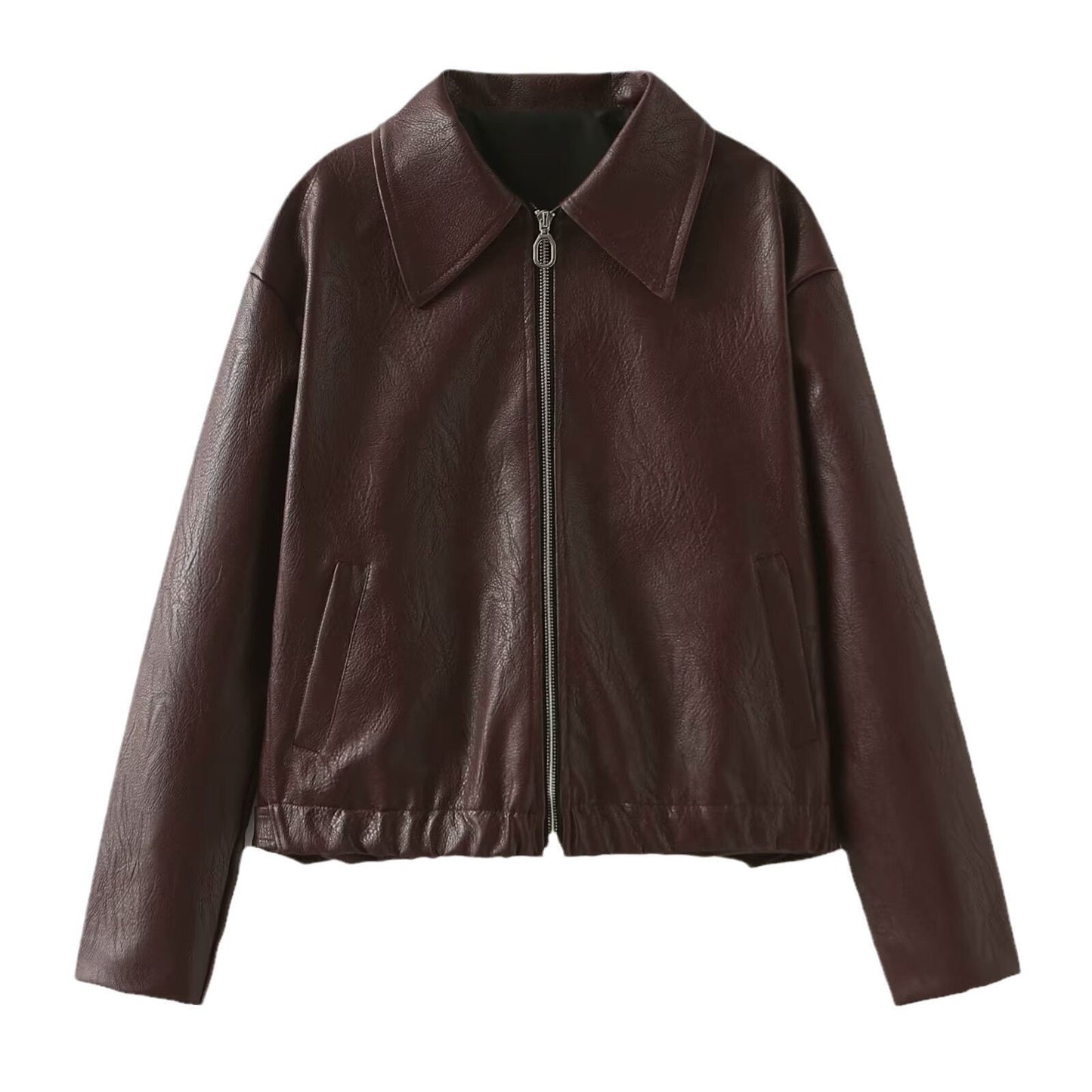 Solid Color Lapel Zipper Jacket Fashion Casual Long Sleeve Women DealSniper.net Burgundy L