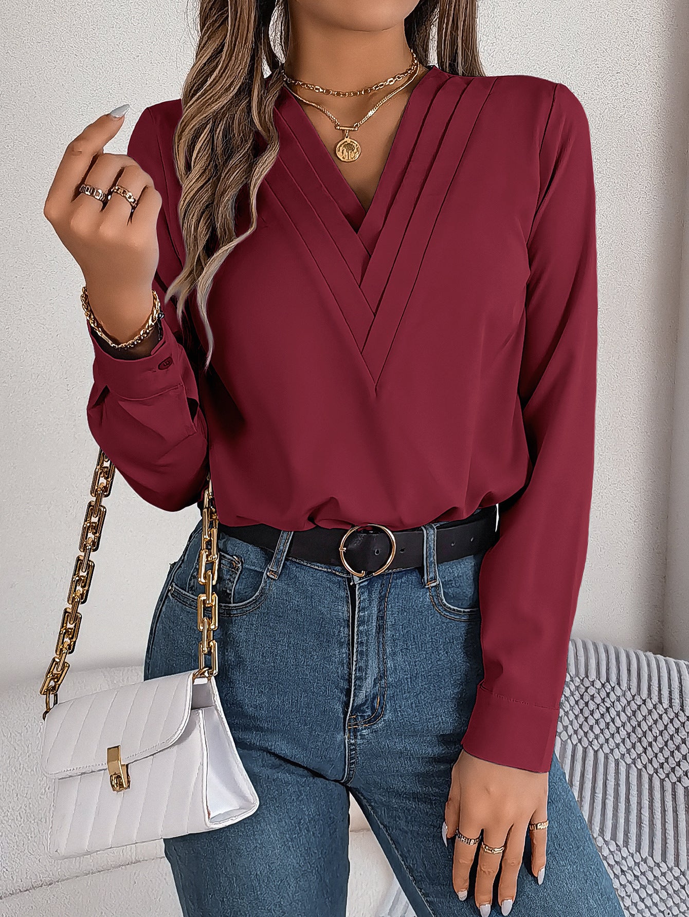 Fashion V-Neck Long Sleeve Shirt Elegant Commuter Women DealSniper.net Wine Red L