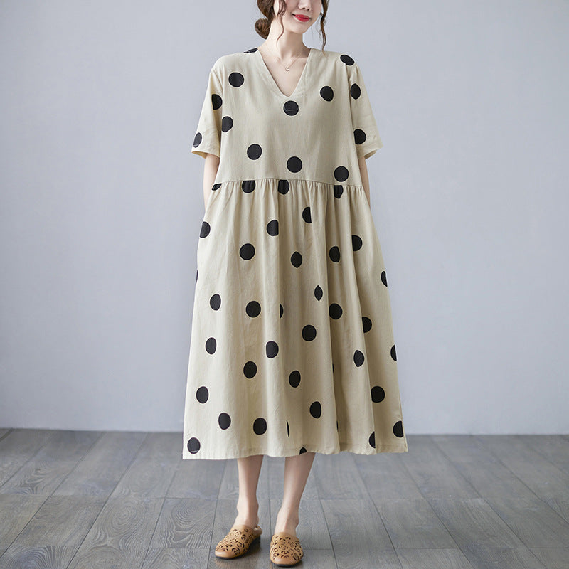 Loose-paneled Cotton And Linen V-neck Short-sleeved Dress Women DealSniper.net