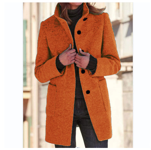 Fashion Stand Collar Woolen Coat With Pockets Fall Winter Women DealSniper.net Orange 2XL