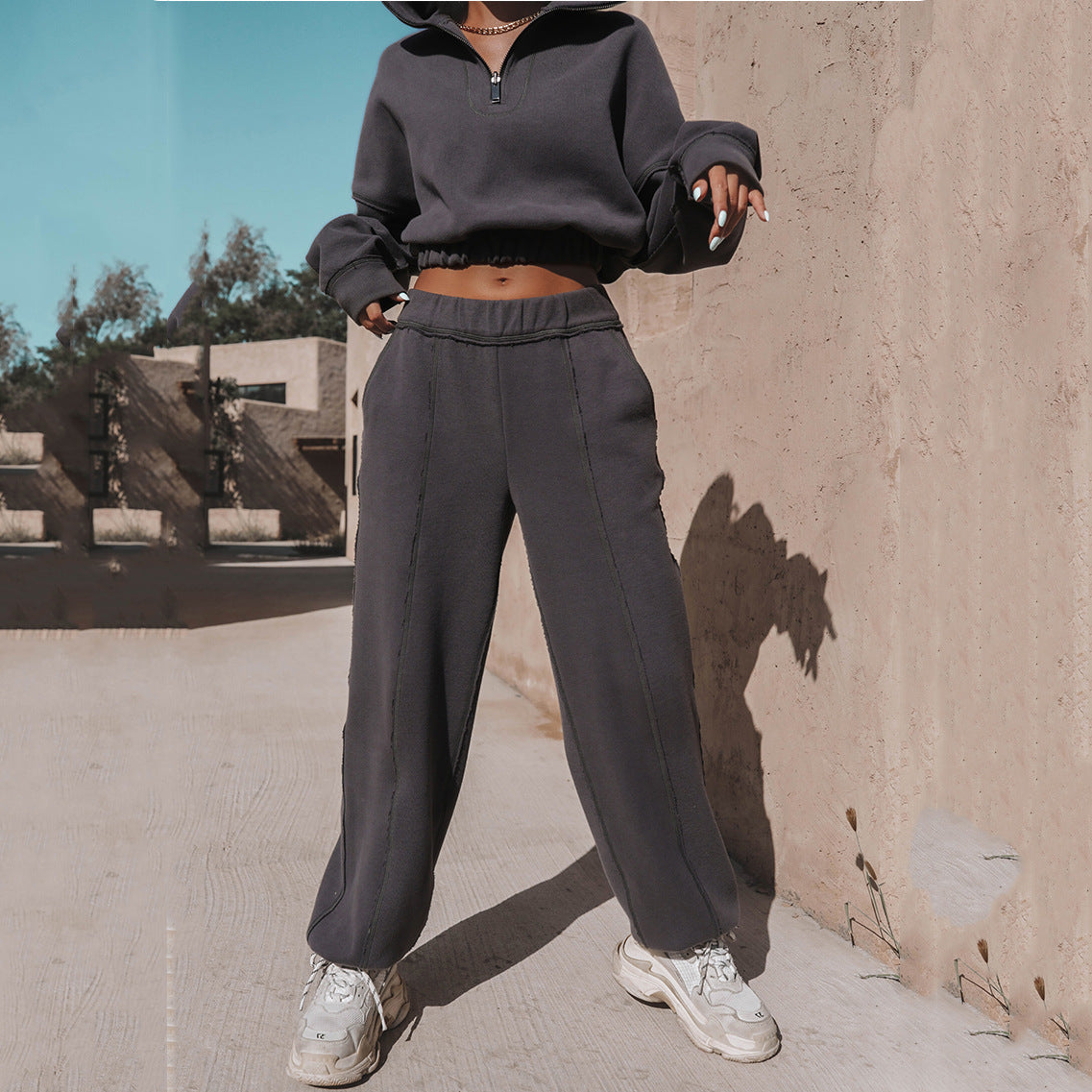 Long Sleeve Turtleneck Sweatshirt Stand Up Zipper Short Top Women DealSniper.net