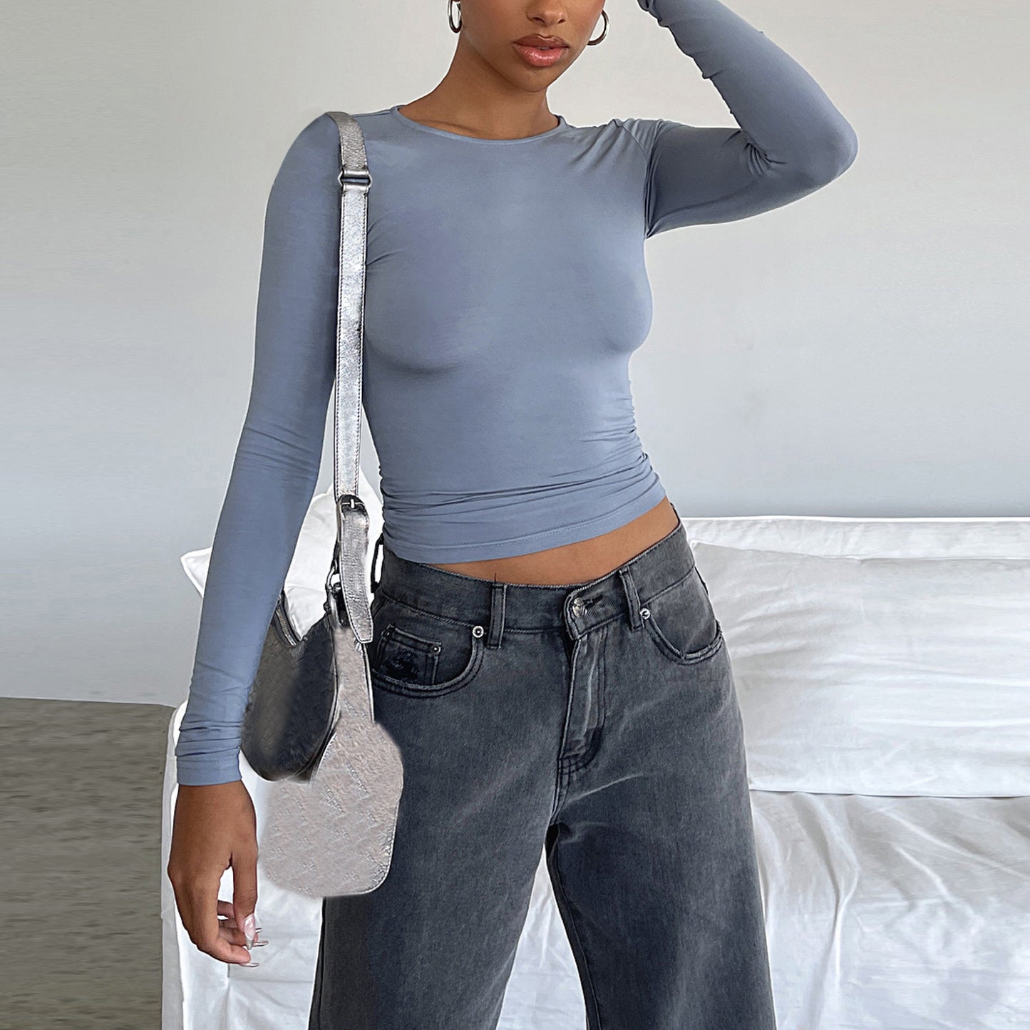 Women's Clothing Fashion Slim Long-sleeved Pullovers Tops Solid Causal Fit Shirts Women DealSniper.net Bluegrey S